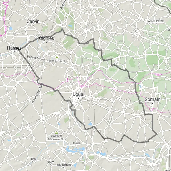 Map miniature of "Exploring the charming roads of Northern France" cycling inspiration in Nord-Pas de Calais, France. Generated by Tarmacs.app cycling route planner