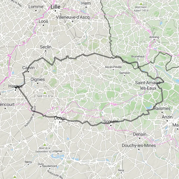 Miniature de la carte de l'inspiration cycliste "Tour de Carvin à Harnes via les terrils" dans la Nord-Pas de Calais, France. Générée par le planificateur d'itinéraire cycliste Tarmacs.app