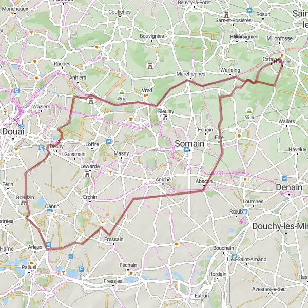 Miniature de la carte de l'inspiration cycliste "Parcours nature de Hasnon à Warlaing" dans la Nord-Pas de Calais, France. Générée par le planificateur d'itinéraire cycliste Tarmacs.app