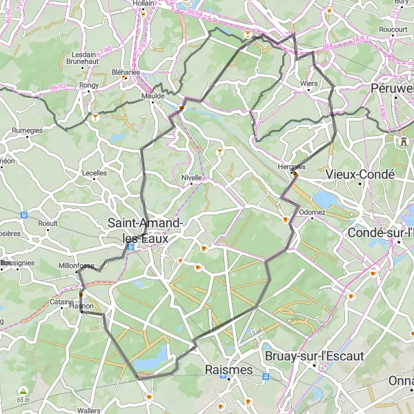 Map miniature of "Flines-lès-Mortagne and Arenberg Road Route" cycling inspiration in Nord-Pas de Calais, France. Generated by Tarmacs.app cycling route planner