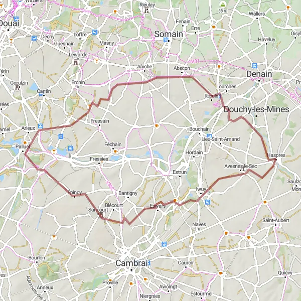 Miniature de la carte de l'inspiration cycliste "La boucle Iwuy-Mont Blanc" dans la Nord-Pas de Calais, France. Générée par le planificateur d'itinéraire cycliste Tarmacs.app