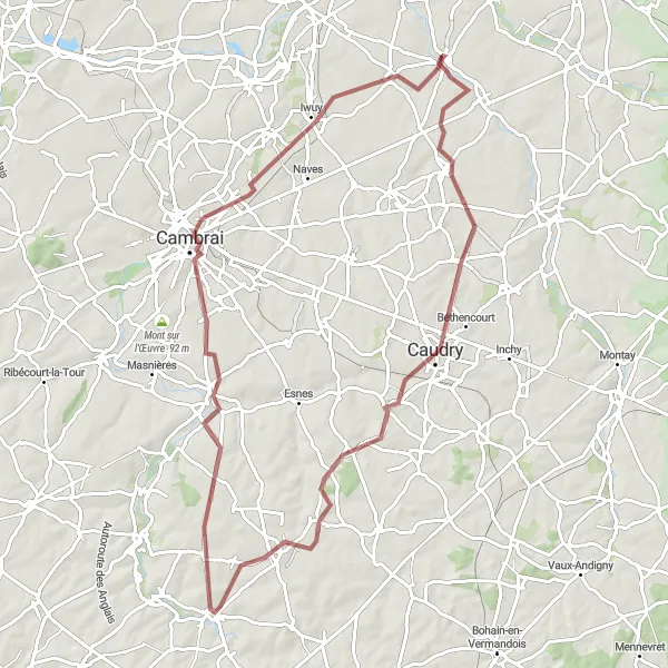 Map miniature of "Gravel Route through Quiévy, Caullery, Aubencheul-aux-Bois, Cambrai, Iwuy, and Haspres" cycling inspiration in Nord-Pas de Calais, France. Generated by Tarmacs.app cycling route planner