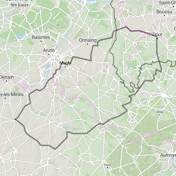 Map miniature of "The Line of Territories" cycling inspiration in Nord-Pas de Calais, France. Generated by Tarmacs.app cycling route planner