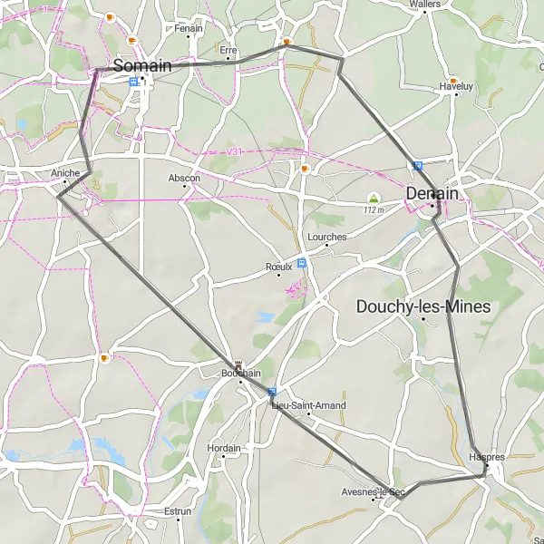 Miniature de la carte de l'inspiration cycliste "Les Chemins du Valenciennois" dans la Nord-Pas de Calais, France. Générée par le planificateur d'itinéraire cycliste Tarmacs.app