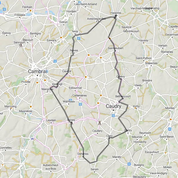 Miniature de la carte de l'inspiration cycliste "La route panoramique de Quiévy à Haspres" dans la Nord-Pas de Calais, France. Générée par le planificateur d'itinéraire cycliste Tarmacs.app