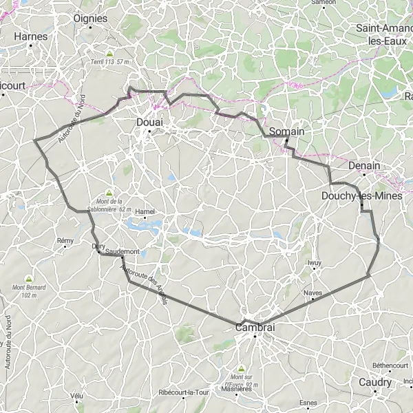 Map miniature of "Road Cycling Route through Escaudœuvres, Marquion, Moyens Monts, Hamblain-les-Prés, Cuincy, Pecquencourt, Terril de Roeulx, and Douchy-les-Mines" cycling inspiration in Nord-Pas de Calais, France. Generated by Tarmacs.app cycling route planner