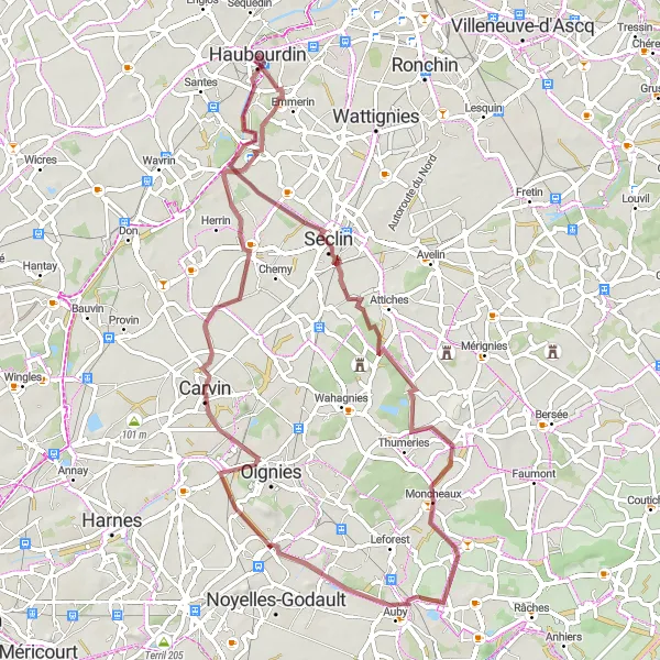 Map miniature of "Off-the-beaten-path Gravel Adventure" cycling inspiration in Nord-Pas de Calais, France. Generated by Tarmacs.app cycling route planner