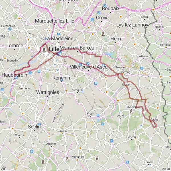 Miniature de la carte de l'inspiration cycliste "La Boucle des Hauts de Lille" dans la Nord-Pas de Calais, France. Générée par le planificateur d'itinéraire cycliste Tarmacs.app