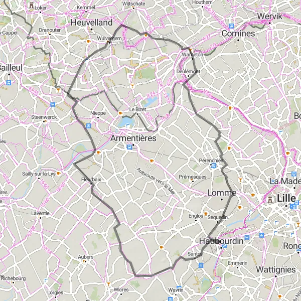 Map miniature of "Scenic Loop from Haubourdin to Nieuwkerke via Fournes-en-Weppes and Kraaiberg" cycling inspiration in Nord-Pas de Calais, France. Generated by Tarmacs.app cycling route planner