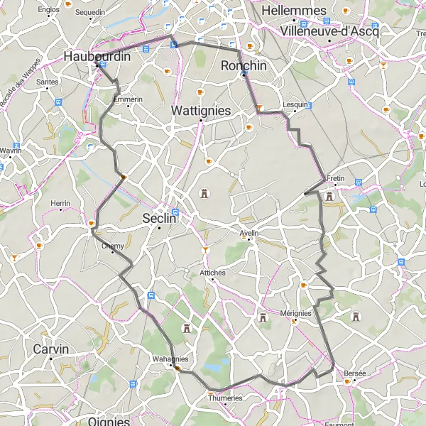Miniature de la carte de l'inspiration cycliste "Boucle des Environs de Haubourdin" dans la Nord-Pas de Calais, France. Générée par le planificateur d'itinéraire cycliste Tarmacs.app