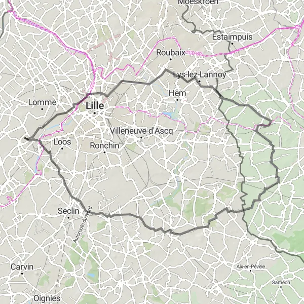 Map miniature of "Road Cycling through Urban and Rural Landscapes" cycling inspiration in Nord-Pas de Calais, France. Generated by Tarmacs.app cycling route planner