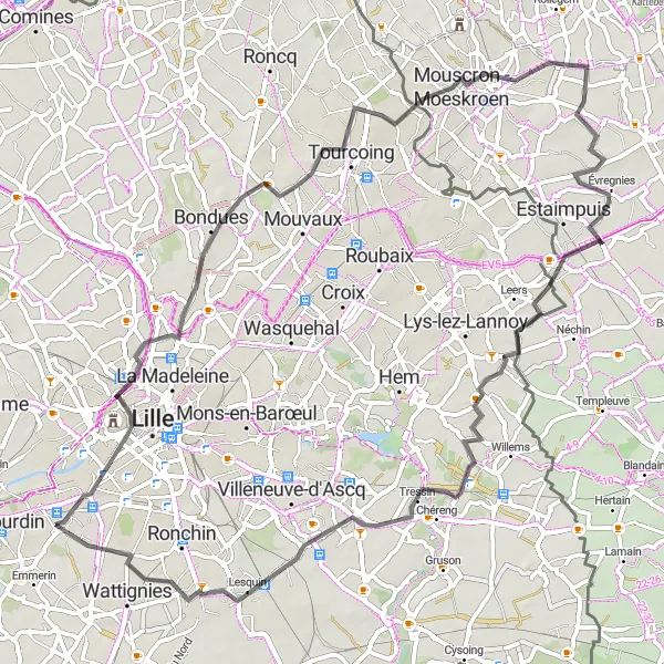 Miniature de la carte de l'inspiration cycliste "Escapade Citadine" dans la Nord-Pas de Calais, France. Générée par le planificateur d'itinéraire cycliste Tarmacs.app