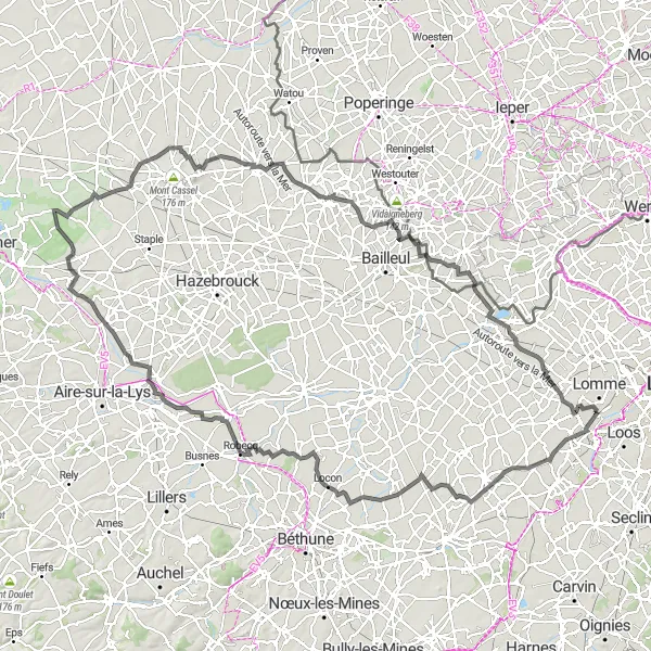 Miniature de la carte de l'inspiration cycliste "La Grande Boucle du Nord" dans la Nord-Pas de Calais, France. Générée par le planificateur d'itinéraire cycliste Tarmacs.app