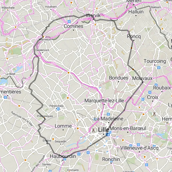 Miniature de la carte de l'inspiration cycliste "La Randonnée des Weppes" dans la Nord-Pas de Calais, France. Générée par le planificateur d'itinéraire cycliste Tarmacs.app
