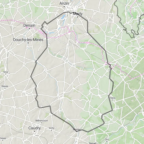 Map miniature of "Exploring Valenciennes and Beyond" cycling inspiration in Nord-Pas de Calais, France. Generated by Tarmacs.app cycling route planner