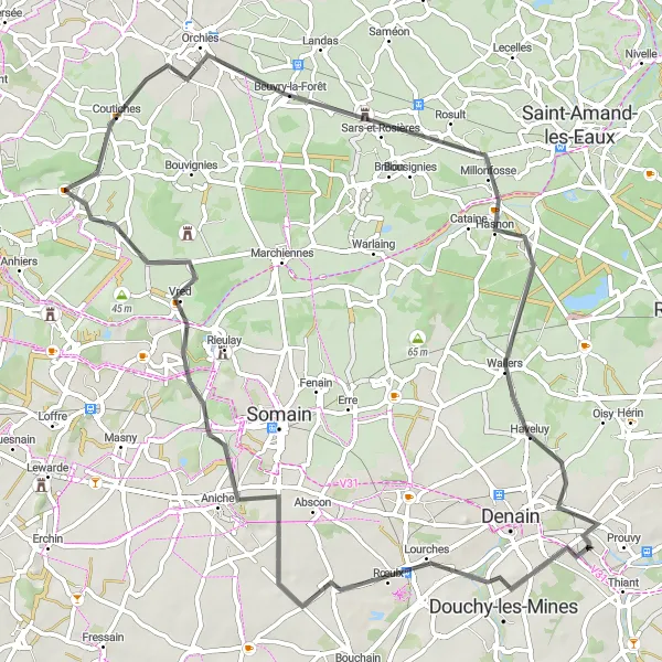 Map miniature of "Scenic Road Cycling Adventure near Haulchin" cycling inspiration in Nord-Pas de Calais, France. Generated by Tarmacs.app cycling route planner