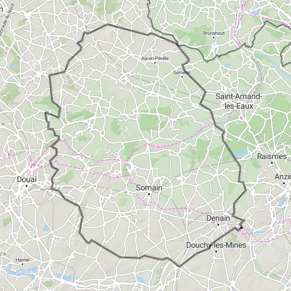 Miniature de la carte de l'inspiration cycliste "Tour des plaines de Haulchin" dans la Nord-Pas de Calais, France. Générée par le planificateur d'itinéraire cycliste Tarmacs.app