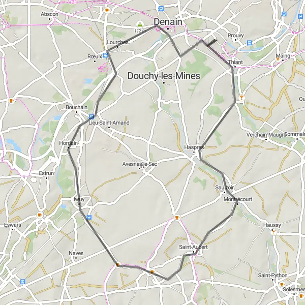 Miniature de la carte de l'inspiration cycliste "Bucolic Tour de Haulchin" dans la Nord-Pas de Calais, France. Générée par le planificateur d'itinéraire cycliste Tarmacs.app