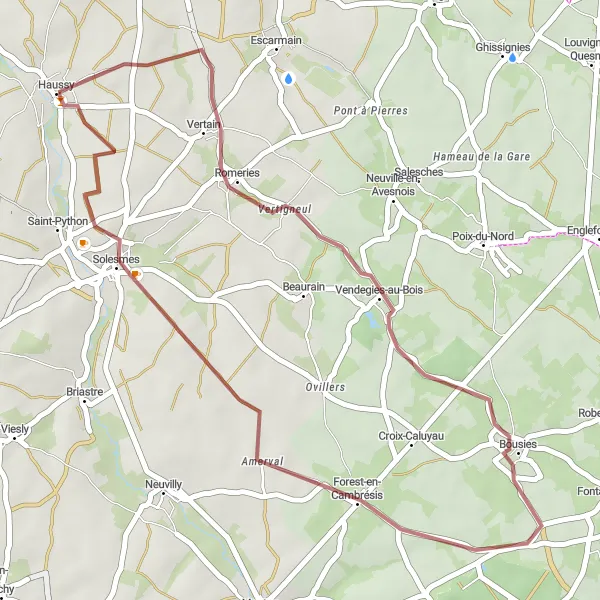 Map miniature of "Haussy Gravel Loop" cycling inspiration in Nord-Pas de Calais, France. Generated by Tarmacs.app cycling route planner