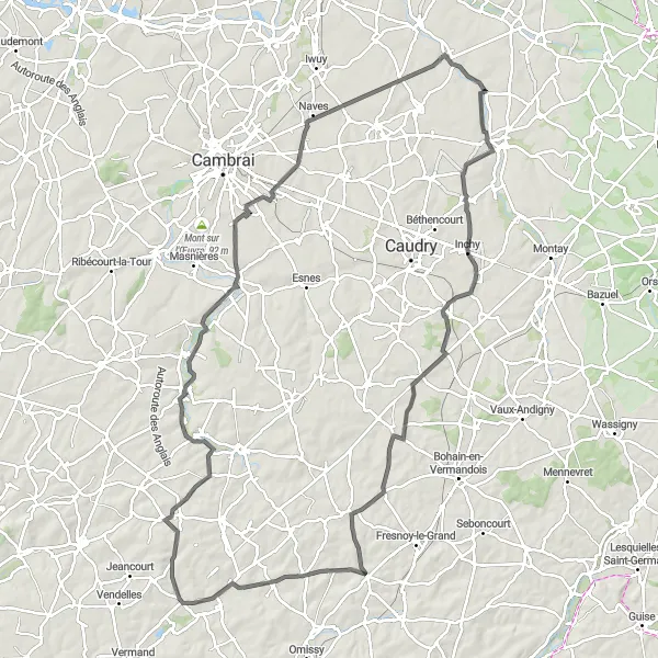 Miniature de la carte de l'inspiration cycliste "Parcours Touristique de Troisvilles à Saulzoir" dans la Nord-Pas de Calais, France. Générée par le planificateur d'itinéraire cycliste Tarmacs.app