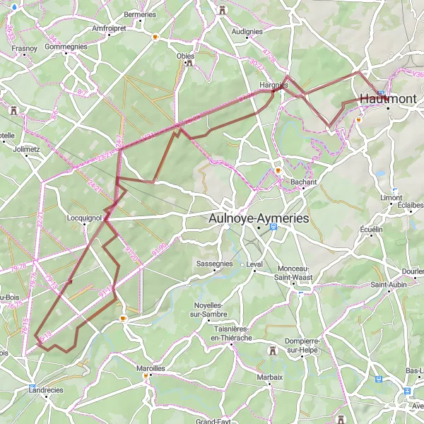 Map miniature of "Sambrienne Gravel Route" cycling inspiration in Nord-Pas de Calais, France. Generated by Tarmacs.app cycling route planner