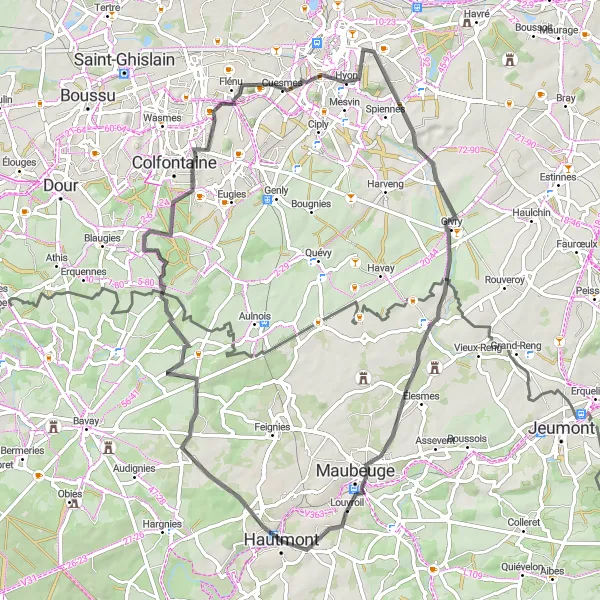 Map miniature of "Honnelles Circuit" cycling inspiration in Nord-Pas de Calais, France. Generated by Tarmacs.app cycling route planner
