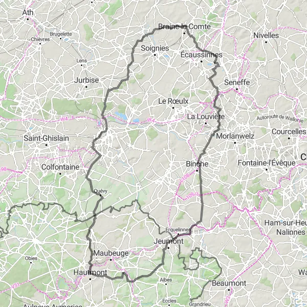 Map miniature of "The Mons Loop" cycling inspiration in Nord-Pas de Calais, France. Generated by Tarmacs.app cycling route planner