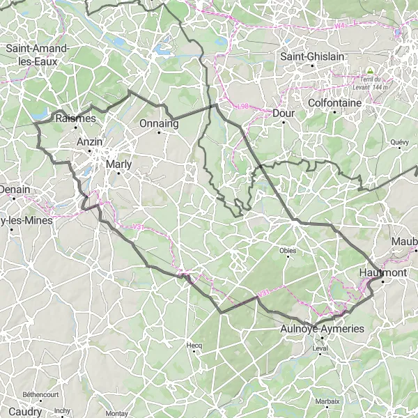 Miniature de la carte de l'inspiration cycliste "Boucle vers Bavay et Quiévrechain" dans la Nord-Pas de Calais, France. Générée par le planificateur d'itinéraire cycliste Tarmacs.app