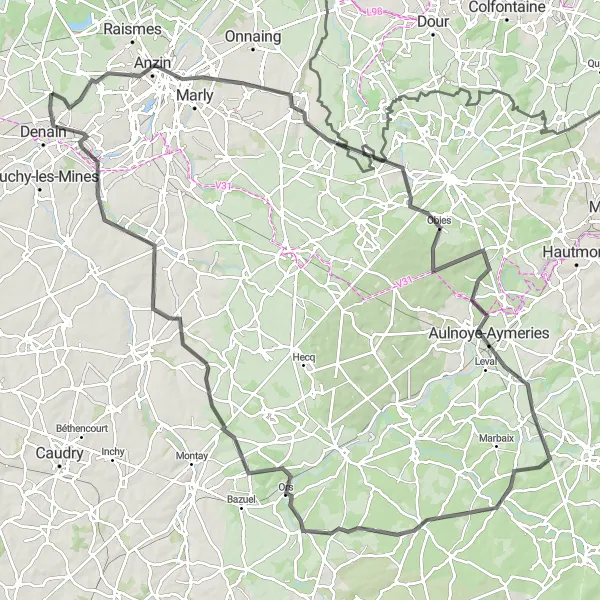 Map miniature of "Valenciennes and Forest-en-Cambrésis Road Adventure" cycling inspiration in Nord-Pas de Calais, France. Generated by Tarmacs.app cycling route planner