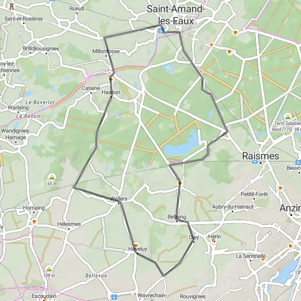 Map miniature of "Hasnon and Saint-Amand-les-Eaux Loop" cycling inspiration in Nord-Pas de Calais, France. Generated by Tarmacs.app cycling route planner