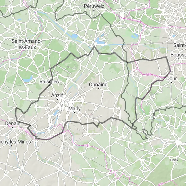 Map miniature of "Hérin to Rouvignies Road Cycling Excursion" cycling inspiration in Nord-Pas de Calais, France. Generated by Tarmacs.app cycling route planner