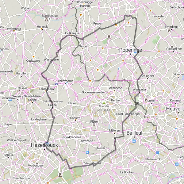 Miniature de la carte de l'inspiration cycliste "Escapade à travers la Campagne Flamande" dans la Nord-Pas de Calais, France. Générée par le planificateur d'itinéraire cycliste Tarmacs.app