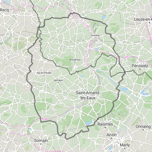 Miniature de la carte de l'inspiration cycliste "Parcours routier vers Wallers" dans la Nord-Pas de Calais, France. Générée par le planificateur d'itinéraire cycliste Tarmacs.app