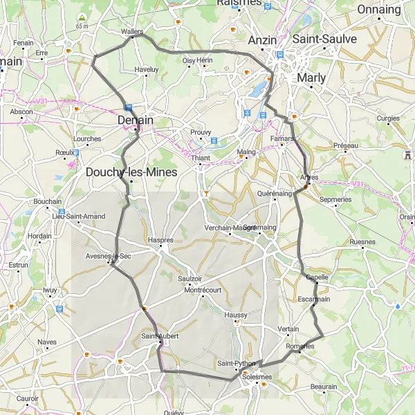 Map miniature of "Historic Villages and Countryside" cycling inspiration in Nord-Pas de Calais, France. Generated by Tarmacs.app cycling route planner