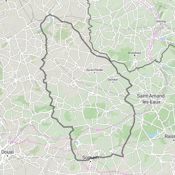Miniature de la carte de l'inspiration cycliste "Itinéraire routier vers Rumegies" dans la Nord-Pas de Calais, France. Générée par le planificateur d'itinéraire cycliste Tarmacs.app