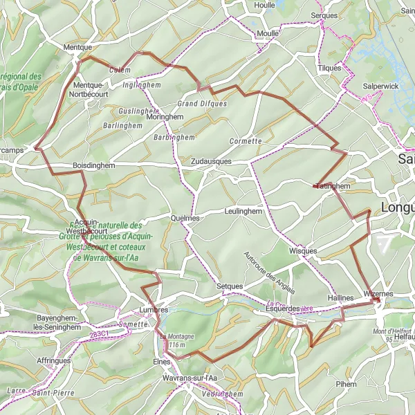 Miniature de la carte de l'inspiration cycliste "Boucle des Monts de l'Artois" dans la Nord-Pas de Calais, France. Générée par le planificateur d'itinéraire cycliste Tarmacs.app