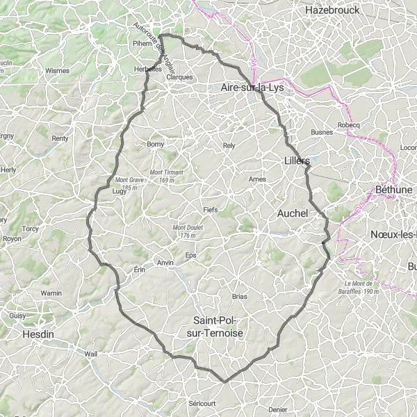 Miniature de la carte de l'inspiration cycliste "Parcours pittoresque de Helfaut à Azincourt" dans la Nord-Pas de Calais, France. Générée par le planificateur d'itinéraire cycliste Tarmacs.app