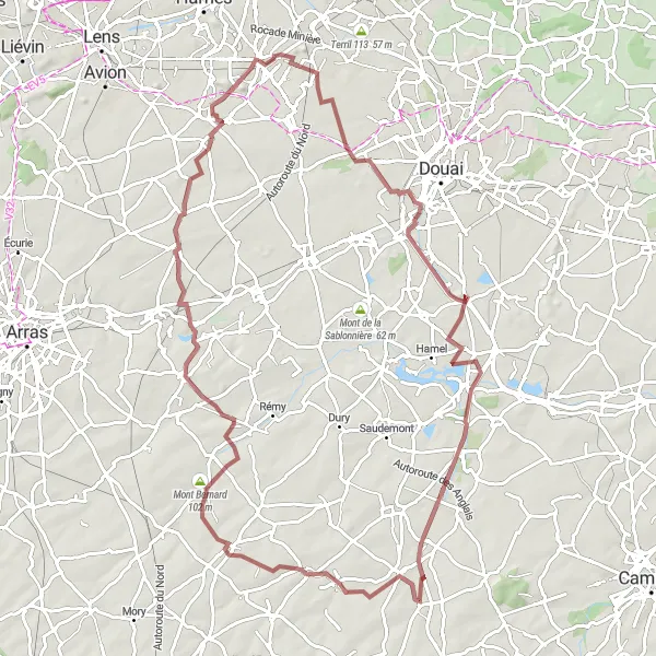 Miniature de la carte de l'inspiration cycliste "Tour des Terrils de l'Artois" dans la Nord-Pas de Calais, France. Générée par le planificateur d'itinéraire cycliste Tarmacs.app