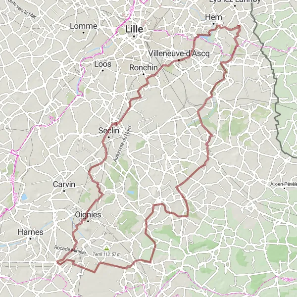 Map miniature of "The Gravel Tour: Villeneuve-d'Ascq Adventure" cycling inspiration in Nord-Pas de Calais, France. Generated by Tarmacs.app cycling route planner
