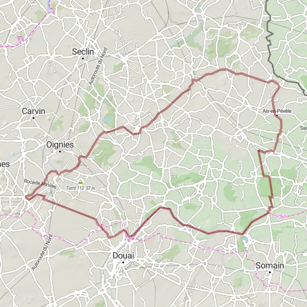 Miniature de la carte de l'inspiration cycliste "Circuit des Pévèles" dans la Nord-Pas de Calais, France. Générée par le planificateur d'itinéraire cycliste Tarmacs.app