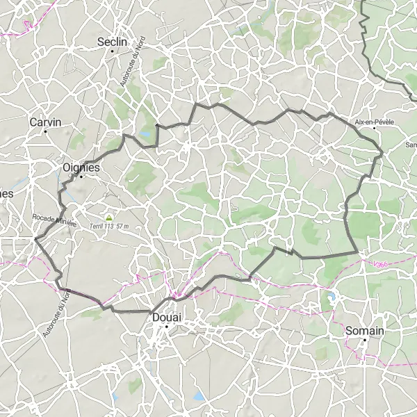 Map miniature of "Road Cycling Escape: Thumeries Challenge" cycling inspiration in Nord-Pas de Calais, France. Generated by Tarmacs.app cycling route planner