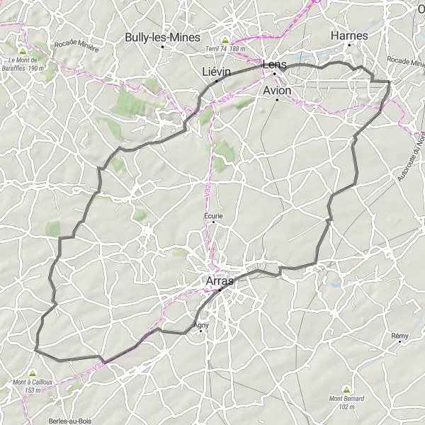 Miniature de la carte de l'inspiration cycliste "Circuit des terrils et des beffrois" dans la Nord-Pas de Calais, France. Générée par le planificateur d'itinéraire cycliste Tarmacs.app