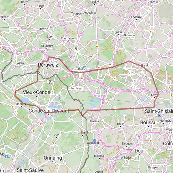 Map miniature of "Blaton-Hergnies Gravel Adventure" cycling inspiration in Nord-Pas de Calais, France. Generated by Tarmacs.app cycling route planner