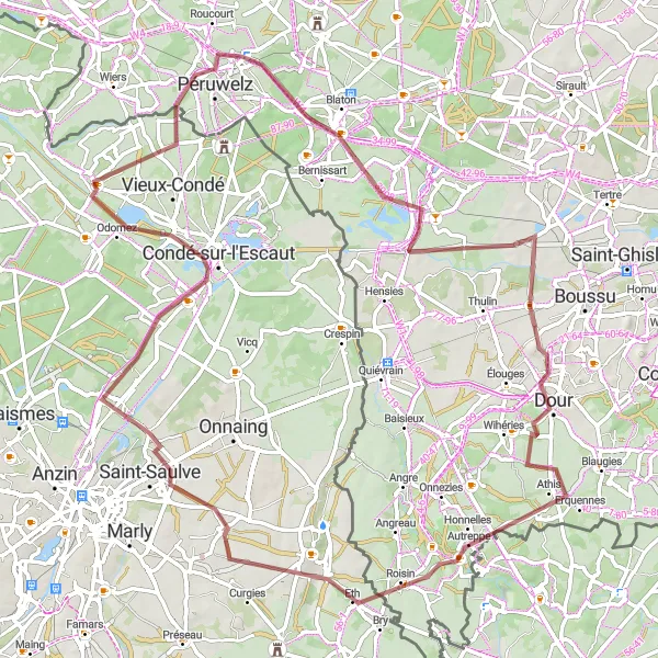 Map miniature of "Diverse Gravel Pathways: Péruwelz Loop" cycling inspiration in Nord-Pas de Calais, France. Generated by Tarmacs.app cycling route planner