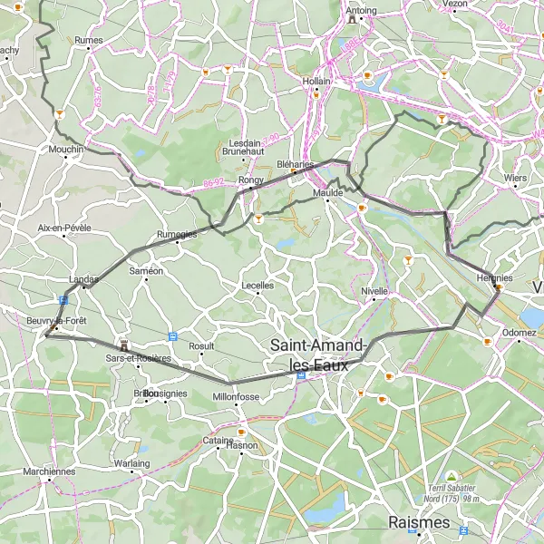 Map miniature of "Saint-Amand-les-Eaux Loop" cycling inspiration in Nord-Pas de Calais, France. Generated by Tarmacs.app cycling route planner
