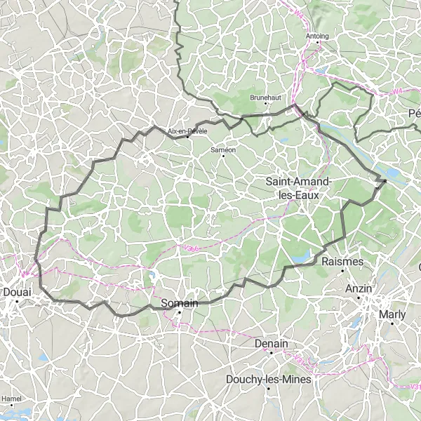 Map miniature of "Odomez-Mortagne-du-Nord Loop" cycling inspiration in Nord-Pas de Calais, France. Generated by Tarmacs.app cycling route planner