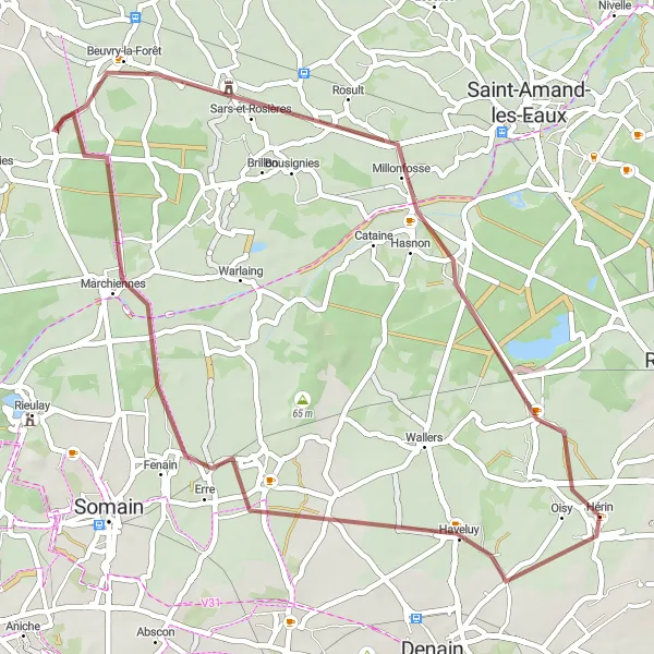 Miniature de la carte de l'inspiration cycliste "Boucle de Hérin" dans la Nord-Pas de Calais, France. Générée par le planificateur d'itinéraire cycliste Tarmacs.app