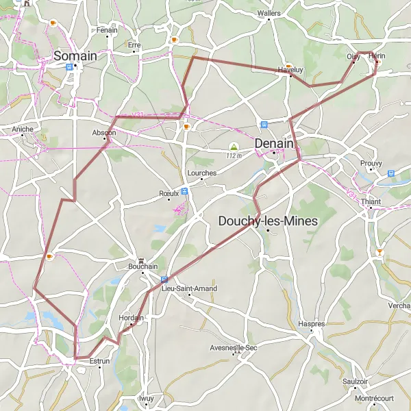 Miniature de la carte de l'inspiration cycliste "Le Tour de la Vallée de l'Escaut" dans la Nord-Pas de Calais, France. Générée par le planificateur d'itinéraire cycliste Tarmacs.app