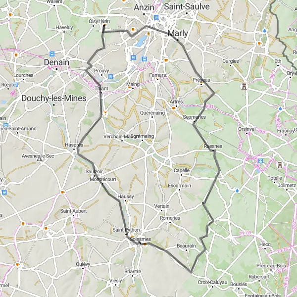 Miniature de la carte de l'inspiration cycliste "La Route des Beffrois" dans la Nord-Pas de Calais, France. Générée par le planificateur d'itinéraire cycliste Tarmacs.app
