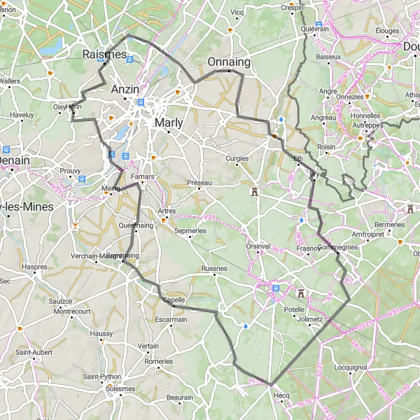 Map miniature of "Adventure through the hills" cycling inspiration in Nord-Pas de Calais, France. Generated by Tarmacs.app cycling route planner